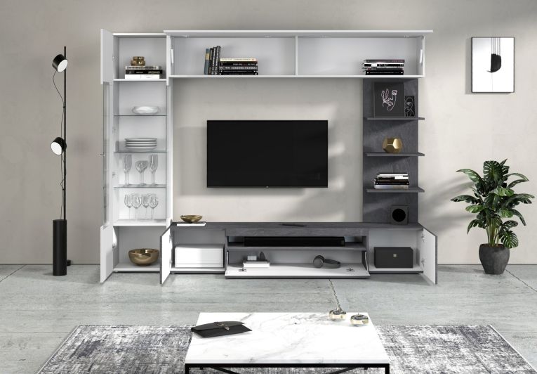 Parete Attrezzata Grigio Ardesia Bianco Lucido 8 Ripiani 5 Ante 245x40x191.2h cm, Apertura Battente - Galatina
