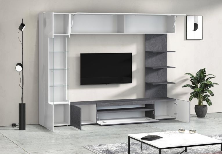 Parete Attrezzata Grigio Ardesia Bianco Lucido 8 Ripiani 5 Ante 245x40x191.2h cm, Apertura Battente - Galatina