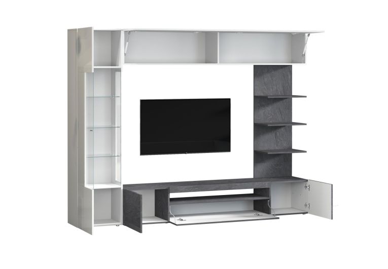 Parete Attrezzata Grigio Ardesia Bianco Lucido 8 Ripiani 5 Ante 245x40x191.2h cm, Apertura Battente - Galatina