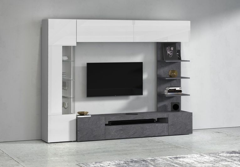 Parete Attrezzata Grigio Ardesia Bianco Lucido 8 Ripiani 5 Ante 245x40x191.2h cm, Apertura Battente - Galatina