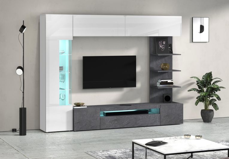 Parete Attrezzata Grigio Ardesia Bianco Lucido 8 Ripiani 5 Ante 245x40x191.2h cm, Apertura Battente - Galatina