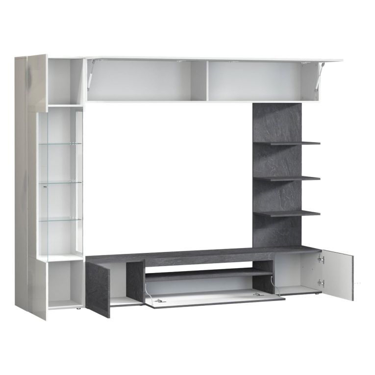 Parete Attrezzata Grigio Ardesia Bianco Lucido 8 Ripiani 5 Ante 245x40x191.2h cm, Apertura Battente - Galatina