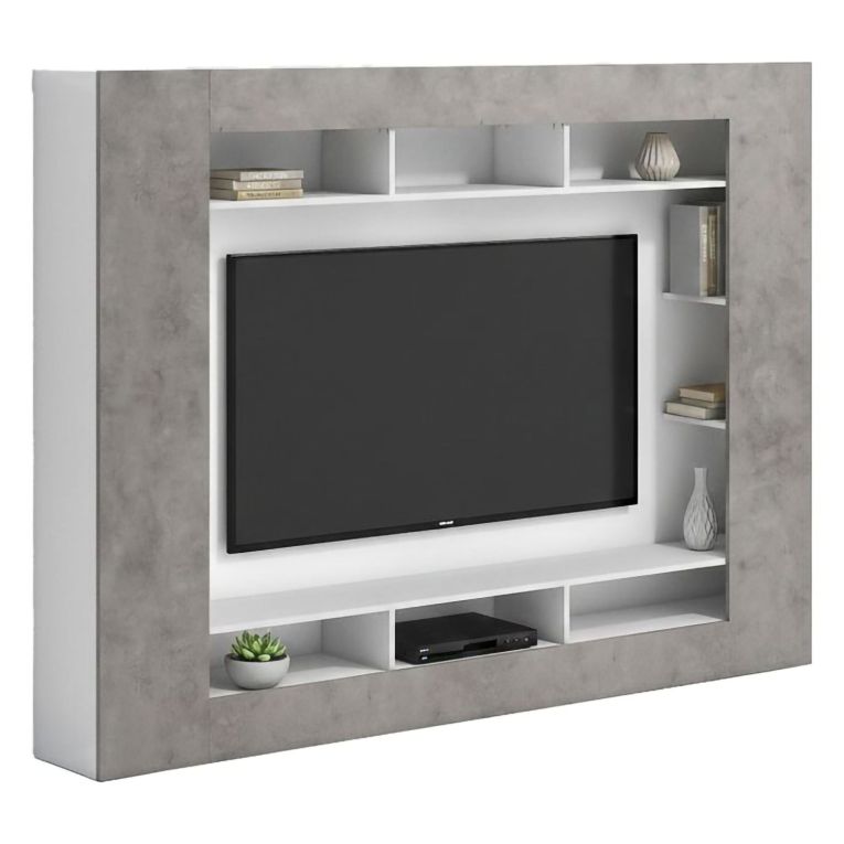 Parete Attrezzata Grigio Cemento Bianco 7 Ripiani Cassetti 216x30.4x158.6h cm, - Sadali