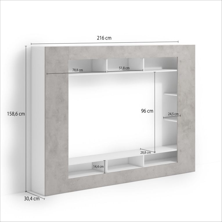 Parete Attrezzata Grigio Cemento Bianco 7 Ripiani Cassetti 216x30.4x158.6h cm, - Sadali