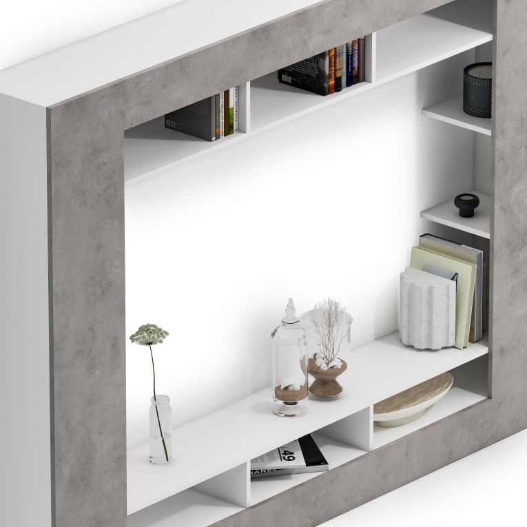 Parete Attrezzata Grigio Cemento Bianco 7 Ripiani Cassetti 216x30.4x158.6h cm, - Sadali