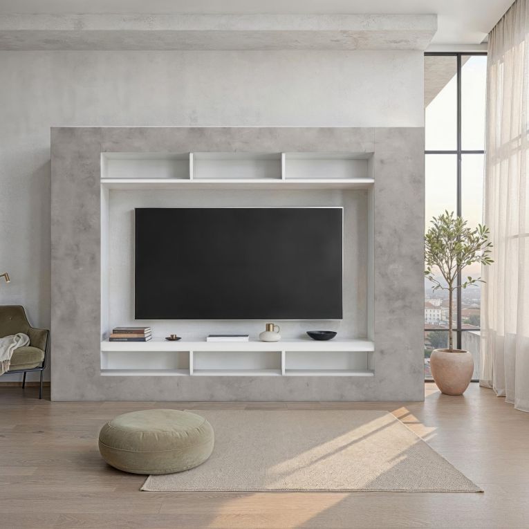 Parete Attrezzata Grigio Cemento Bianco 7 Ripiani Cassetti 216x30.4x158.6h cm, - Sadali