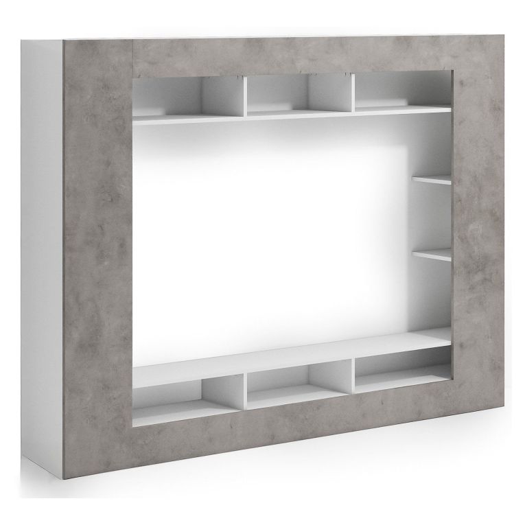 Parete Attrezzata Grigio Cemento Bianco 7 Ripiani Cassetti 216x30.4x158.6h cm, - Sadali