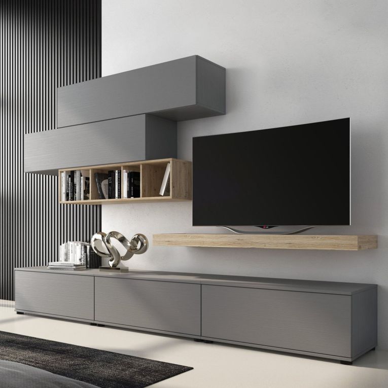 Parete Attrezzata Grigio Marrone Rovere Modulabile Apertura Battente, a Ribalta, 5 Ante - Mammola