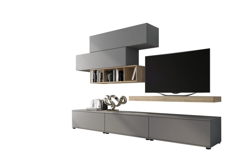 Parete Attrezzata Grigio Marrone Rovere Modulabile Apertura Battente, a Ribalta, 5 Ante - Mammola