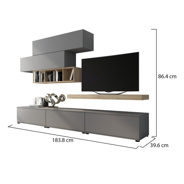 Parete Attrezzata Grigio Marrone Rovere Modulabile Apertura Battente, a Ribalta, 5 Ante - Mammola