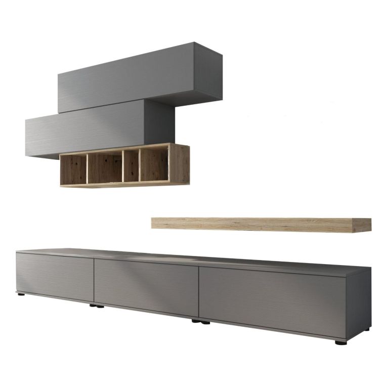 Parete Attrezzata Grigio Marrone Rovere Modulabile Apertura Battente, a Ribalta, 5 Ante - Mammola