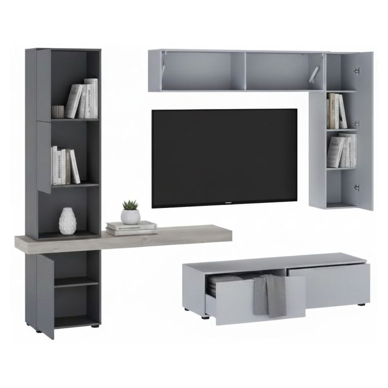 Parete Attrezzata Grigio Nero Antracite Modulabile 2 Cassetti, 9 Ripiani - Riccia