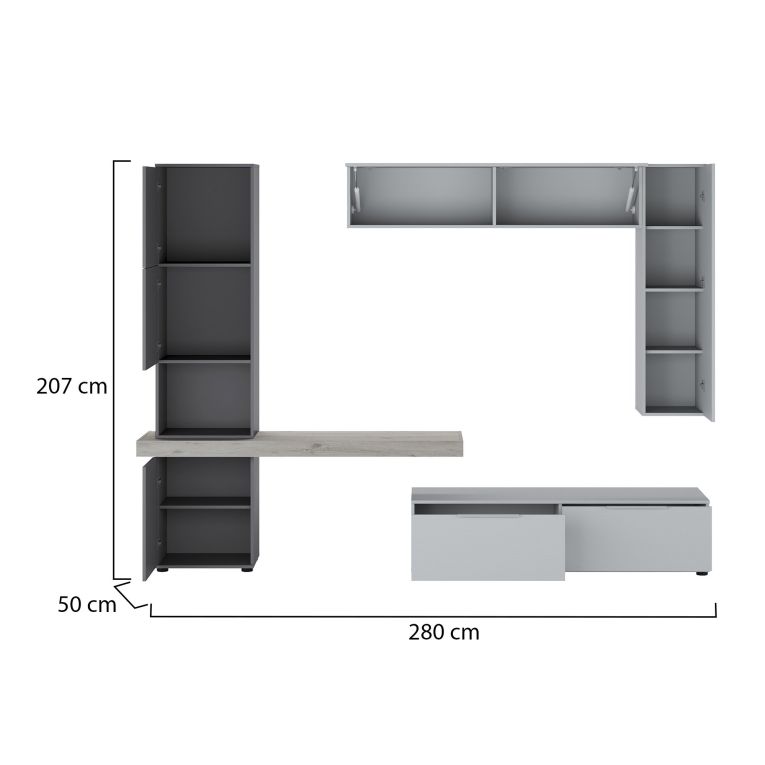 Parete Attrezzata Grigio Nero Antracite Modulabile 2 Cassetti, 9 Ripiani - Riccia