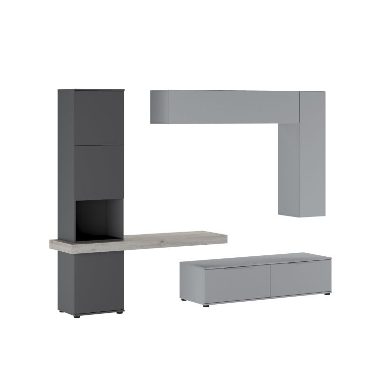 Parete Attrezzata Grigio Nero Antracite Modulabile 2 Cassetti, 9 Ripiani - Riccia
