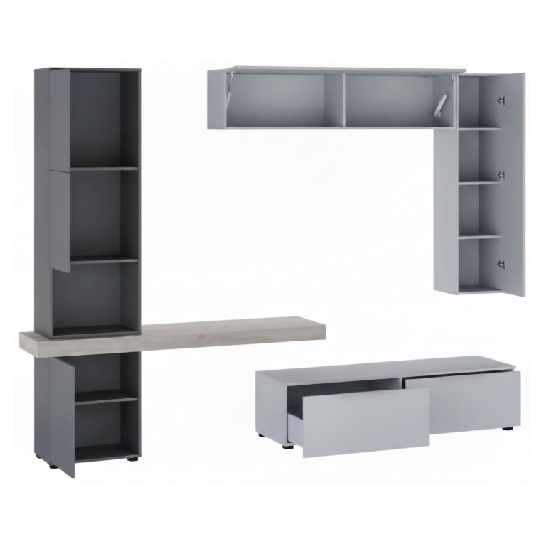 Parete Attrezzata Grigio Nero Antracite Modulabile 2 Cassetti, 9 Ripiani - Riccia