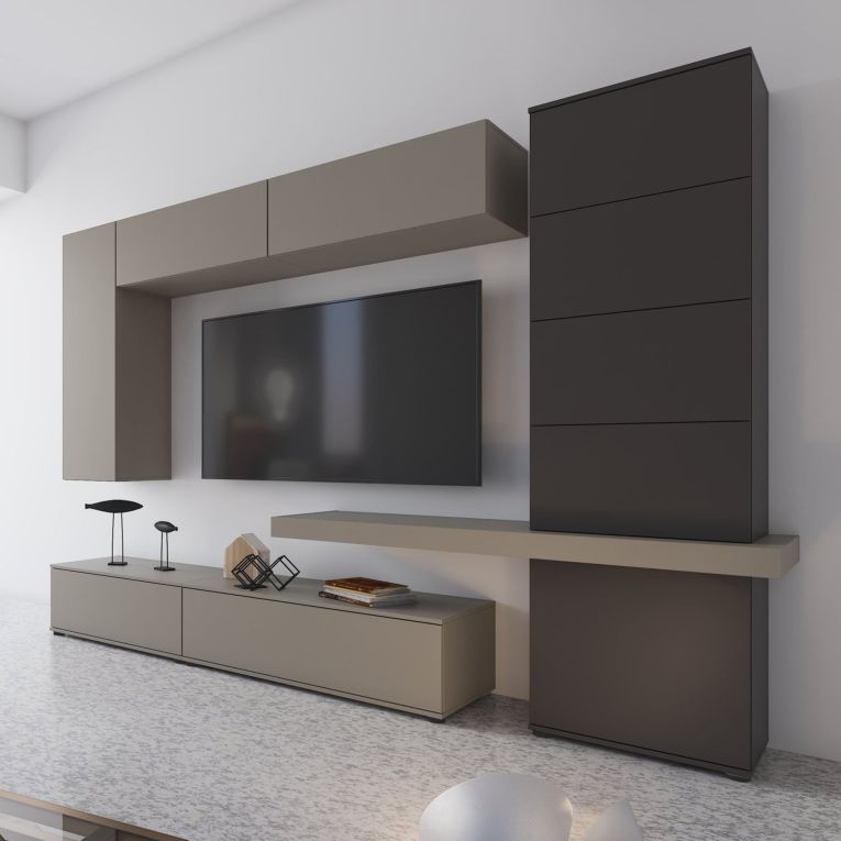 Parete Attrezzata Grigio Tortora Nero Antracite 5 Ripiani 2 Cassetti, Modulabile - Portula