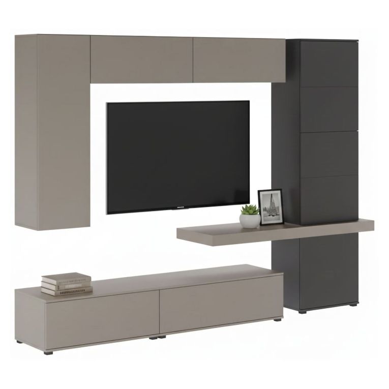 Parete Attrezzata Grigio Tortora Nero Antracite 5 Ripiani 2 Cassetti, Modulabile - Portula