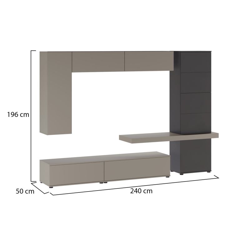Parete Attrezzata Grigio Tortora Nero Antracite 5 Ripiani 2 Cassetti, Modulabile - Portula