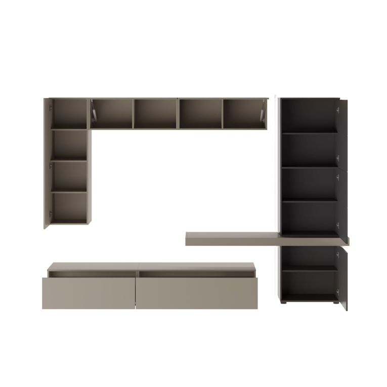 Parete Attrezzata Grigio Tortora Nero Antracite 5 Ripiani 2 Cassetti, Modulabile - Portula