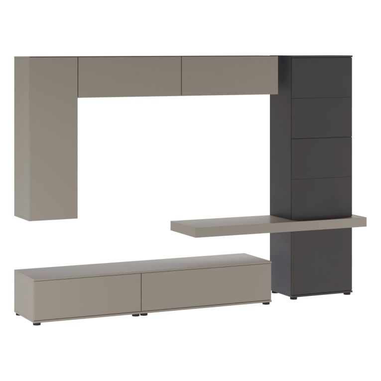 Parete Attrezzata Grigio Tortora Nero Antracite 5 Ripiani 2 Cassetti, Modulabile - Portula