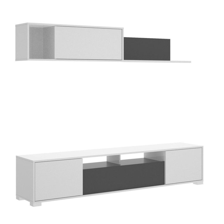 Parete attrezzata Gruf, Set da soggiorno porta TV, Mobile salotto multiuso, 200x41h180 cm, Bianco lucido e Antracite
