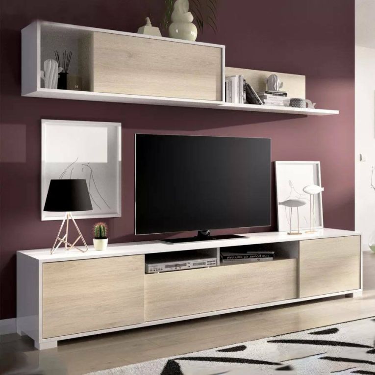 Parete attrezzata Gruf, Set da soggiorno porta TV, Mobile salotto multiuso, 200x41h180 cm, Rovere e Bianco lucido