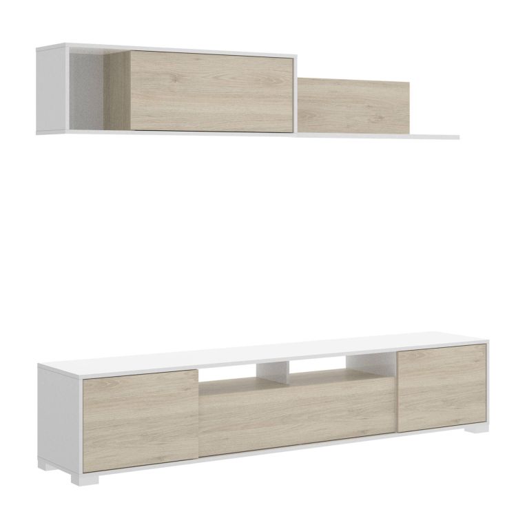 Parete attrezzata Gruf, Set da soggiorno porta TV, Mobile salotto multiuso, 200x41h180 cm, Rovere e Bianco lucido