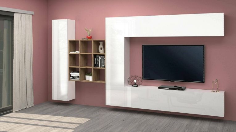 Parete attrezzata Gualtiero, Set salotto porta TV a 4 ante, Mobile soggiorno multiuso, 100% Made in Italy, cm 350x30h180, Bianco lucido