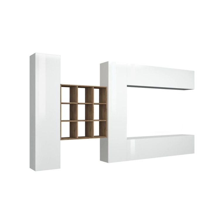 Parete attrezzata Gualtiero, Set salotto porta TV a 4 ante, Mobile soggiorno multiuso, 100% Made in Italy, cm 350x30h180, Bianco lucido