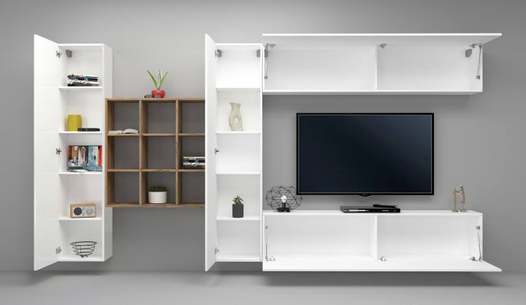 Parete attrezzata Gualtiero, Set salotto porta TV a 4 ante, Mobile soggiorno multiuso, 100% Made in Italy, cm 350x30h180, Bianco lucido