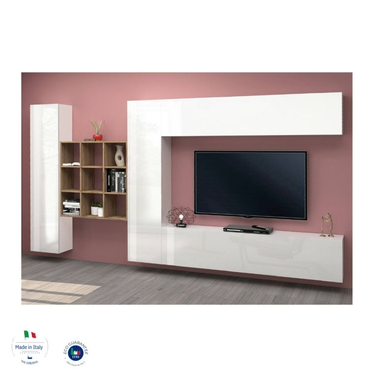 Parete attrezzata Gualtiero, Set salotto porta TV a 4 ante, Mobile soggiorno multiuso, 100% Made in Italy, cm 350x30h180, Bianco lucido