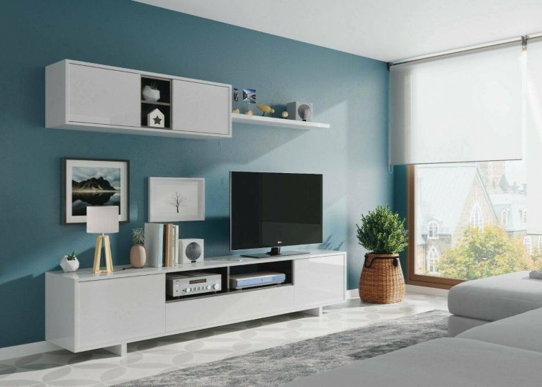 Parete attrezzata Hartford, Mobile da soggiorno porta TV, Composizione set salotto, Set salotto con pensile, 200x41h46 cm, Bianco lucido