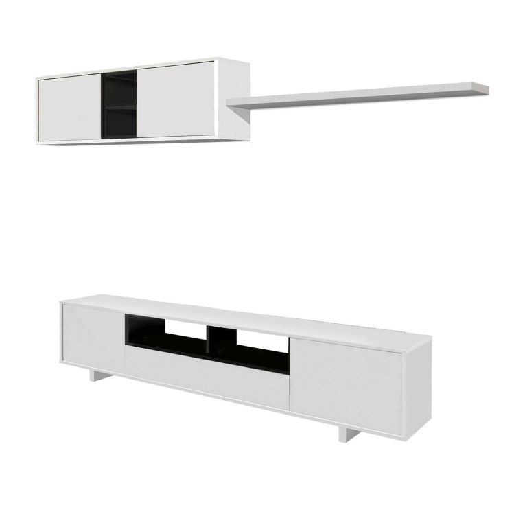 Parete attrezzata Hartford, Mobile da soggiorno porta TV, Composizione set salotto, Set salotto con pensile, 200x41h46 cm, Bianco lucido