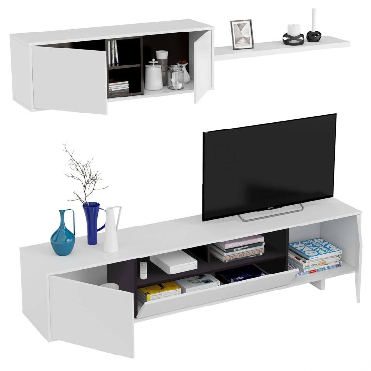 Parete attrezzata Hartford, Mobile da soggiorno porta TV, Composizione set salotto, Set salotto con pensile, 200x41h46 cm, Bianco lucido