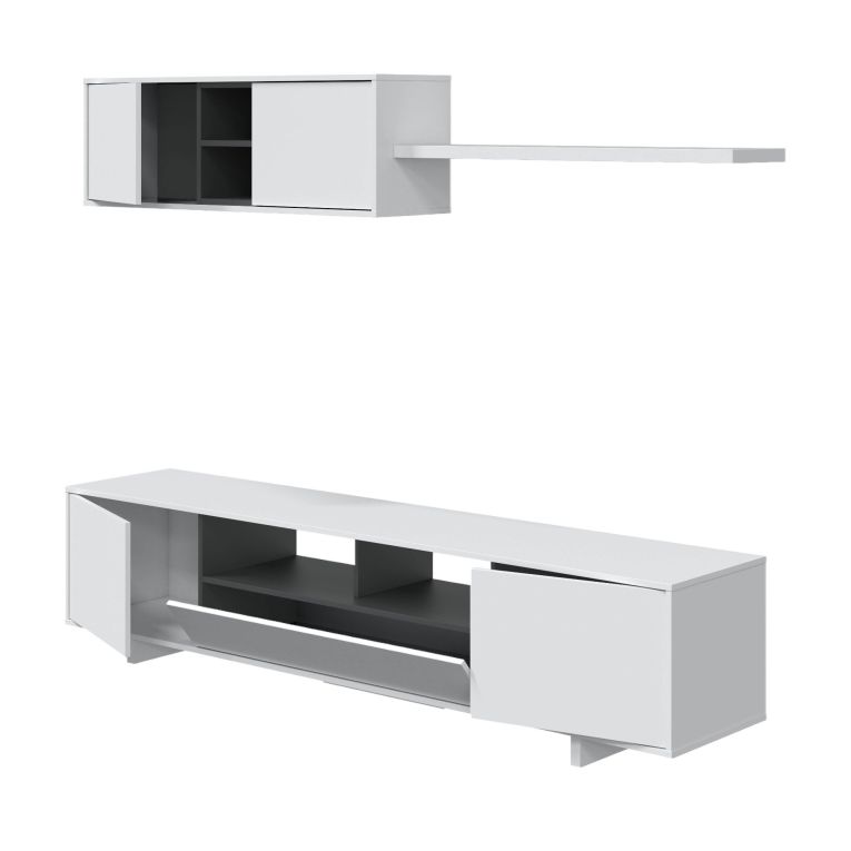 Parete attrezzata Hartford, Mobile da soggiorno porta TV, Composizione set salotto, Set salotto con pensile, 200x41h46 cm, Bianco lucido