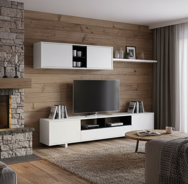 Parete attrezzata Hartford, Mobile da soggiorno porta TV, Composizione set salotto, Set salotto con pensile, 200x41h46 cm, Bianco lucido