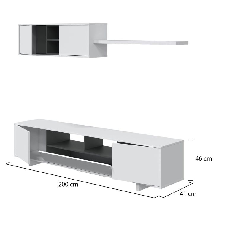 Parete attrezzata Hartford, Mobile da soggiorno porta TV, Composizione set salotto, Set salotto con pensile, 200x41h46 cm, Bianco lucido