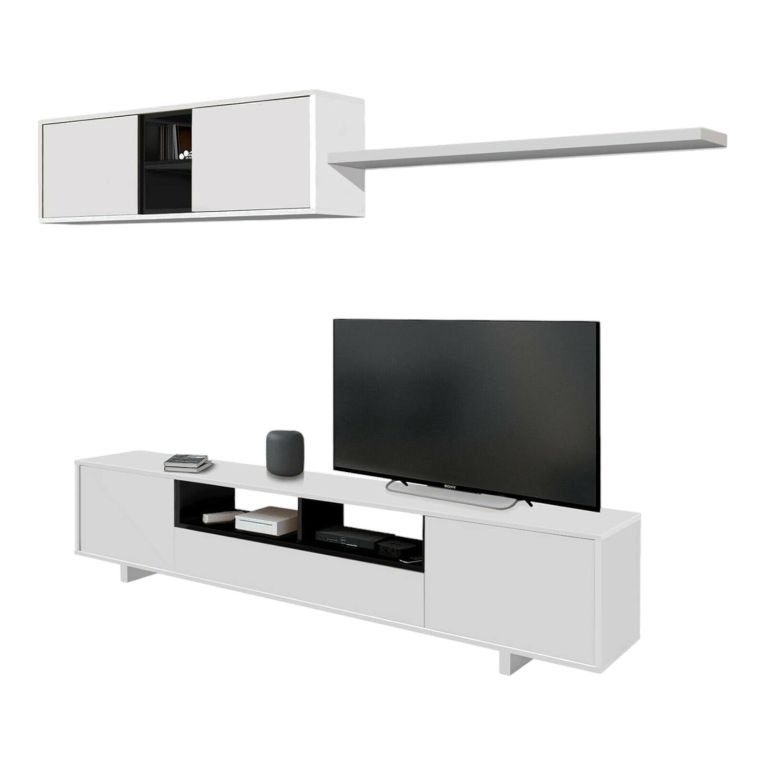 Parete attrezzata Hartford, Mobile da soggiorno porta TV, Composizione set salotto, Set salotto con pensile, 200x41h46 cm, Bianco lucido