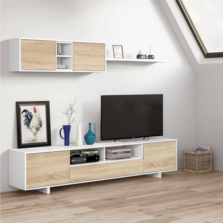 Parete attrezzata Hartford, Mobile da soggiorno porta TV, Composizione set salotto, Set salotto con pensile, 260x41h46 cm, Bianco lucido e Rovere