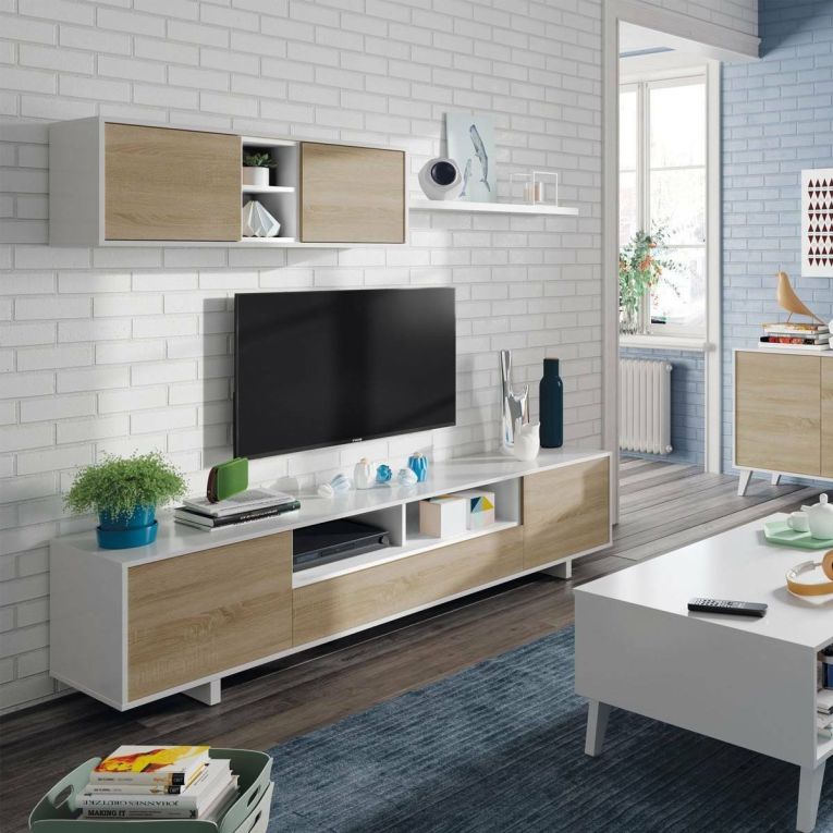 Parete attrezzata Hartford, Mobile da soggiorno porta TV, Composizione set salotto, Set salotto con pensile, 260x41h46 cm, Bianco lucido e Rovere