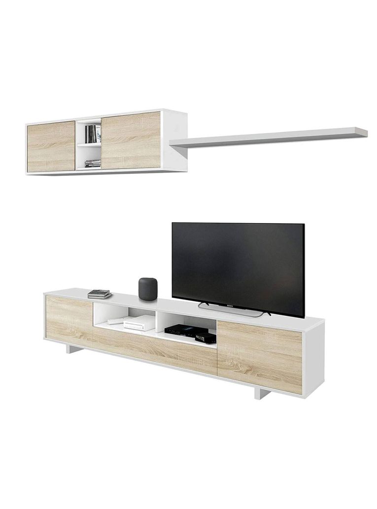 Parete attrezzata Hartford, Mobile da soggiorno porta TV, Composizione set salotto, Set salotto con pensile, 260x41h46 cm, Bianco lucido e Rovere