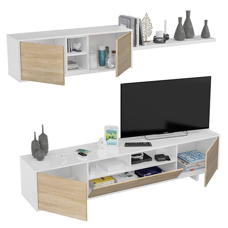 Parete attrezzata Hartford, Mobile da soggiorno porta TV, Composizione set salotto, Set salotto con pensile, 260x41h46 cm, Bianco lucido e Rovere
