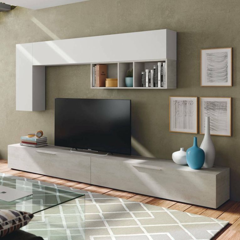 Parete attrezzata in legno 130cm cemento e bianca - Adelfa