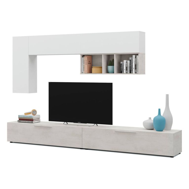 Parete attrezzata in legno 130cm cemento e bianca - Adelfa