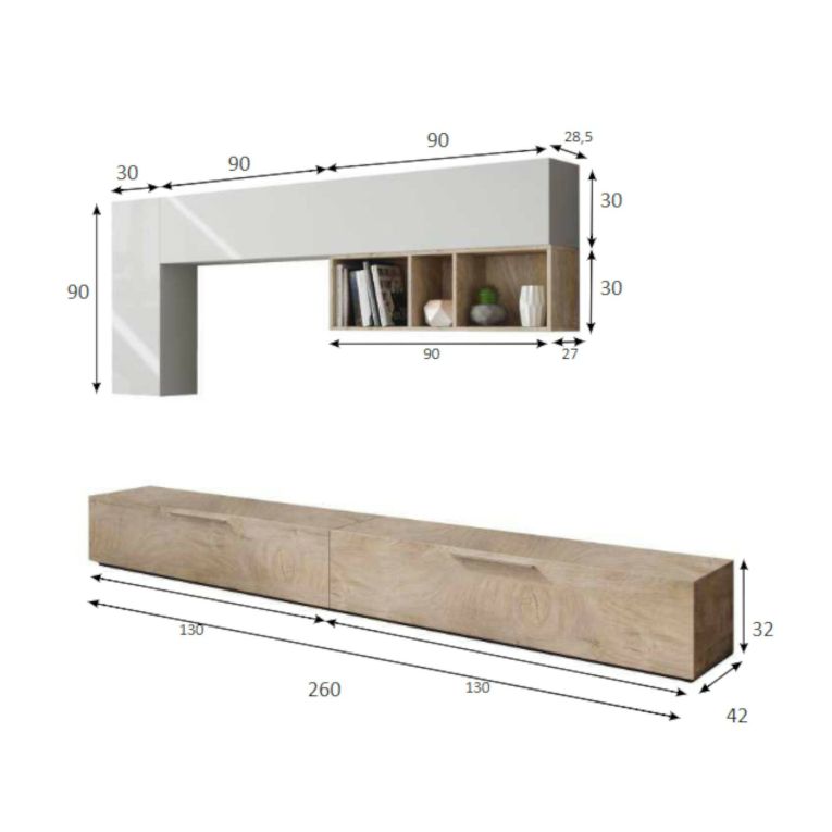 Parete attrezzata in legno 130cm cemento e bianca - Adelfa