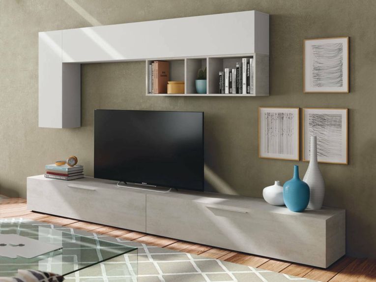 Parete attrezzata in legno 130cm cemento e bianca - Adelfa