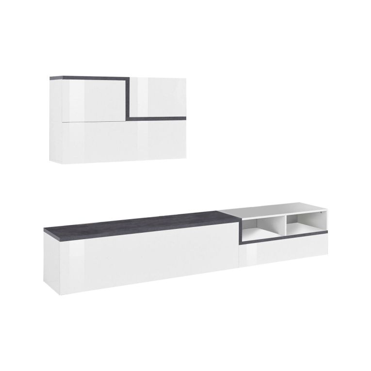Parete attrezzata in legno 240cm bianca lucida e ardesia - Granato