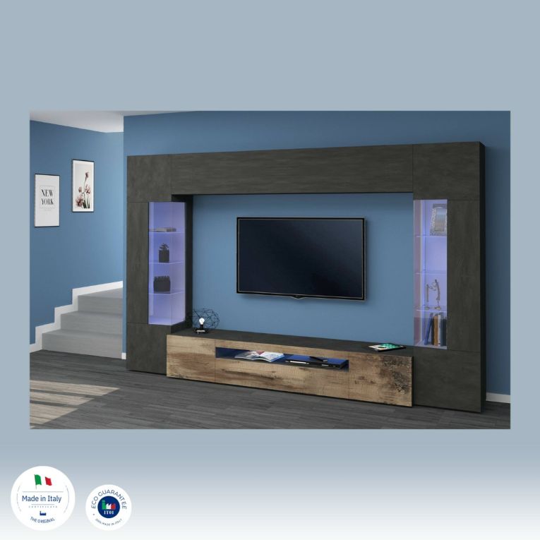 Parete attrezzata in legno 290cm antracite e acero - Arga