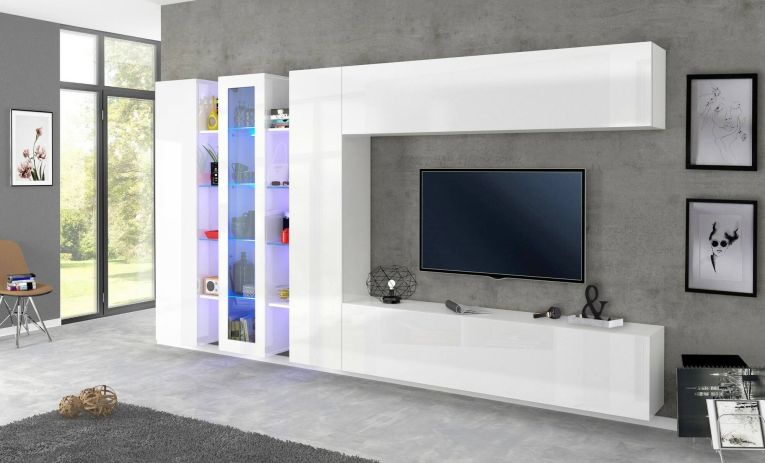 Parete attrezzata in legno e vetro 340cm bianca lucida - Arkan