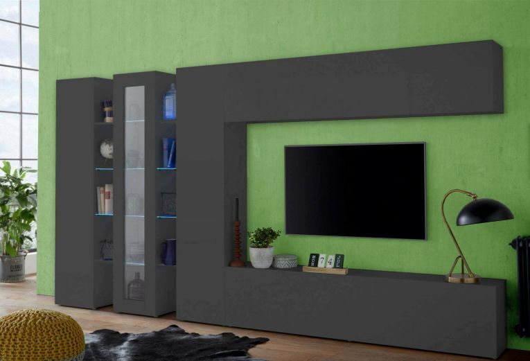 Parete attrezzata Ivano, Set salotto porta TV, Mobile soggiorno con vetrina e luce LED, 100% Made in Italy, cm 320x30h180, Antracite